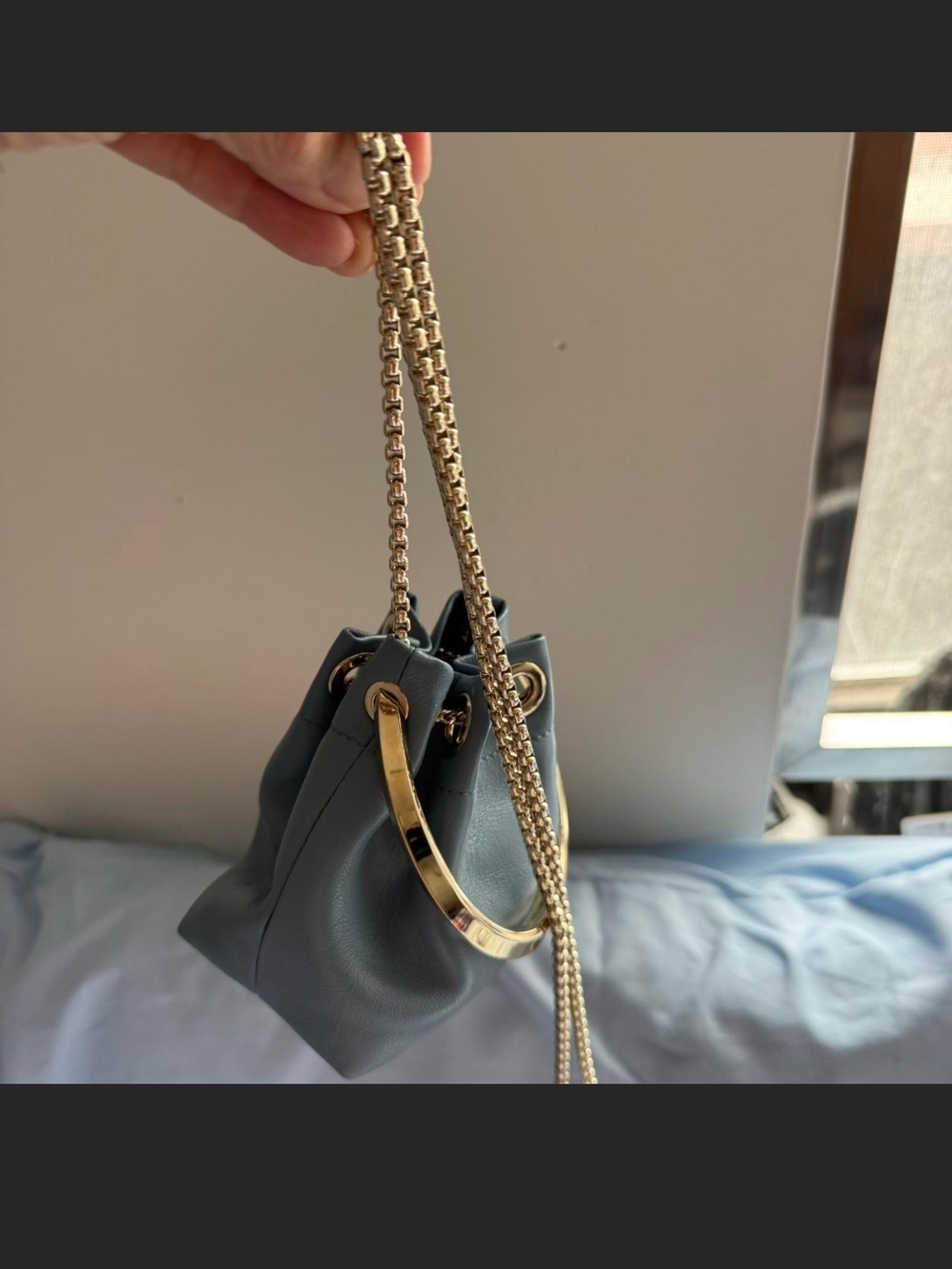 Jimmy Choo Powder Blue Leather Mini Ring-Handle Drawstring Bag - Picture 2 of 5